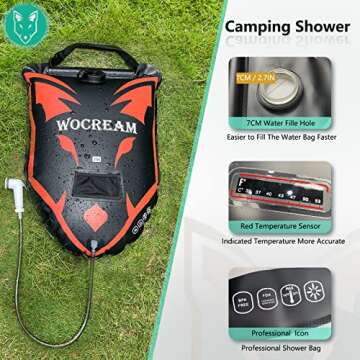 Wocream Wolf-Head Camping Shower Bag, 6.6 Gallons/25L Camp Shower Bag, Large Water Flow, Handheld Shower Head, Solar Heating PVC Shower Bag, Portable Shower for Camping(Orange Red)