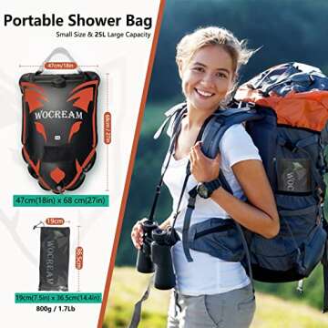 Wocream Wolf-Head Camping Shower Bag, 6.6 Gallons/25L Camp Shower Bag, Large Water Flow, Handheld Shower Head, Solar Heating PVC Shower Bag, Portable Shower for Camping(Orange Red)