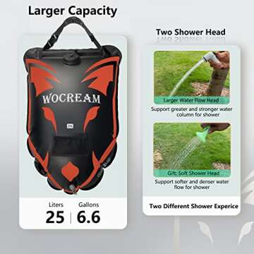 Wocream Wolf-Head Camping Shower Bag, 6.6 Gallons/25L Camp Shower Bag, Large Water Flow, Handheld Shower Head, Solar Heating PVC Shower Bag, Portable Shower for Camping(Orange Red)
