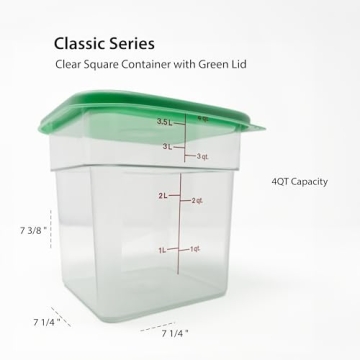 Cambro 4 QT (Quart) Square Food Storage Container with Greeen Lid (2 Pack) - Classic Series (Clear)