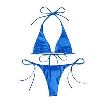 SOLY HUX Women's Metallic Halter Top Two Piece Swimsuit Tie Side Triangle Bikini Royal Blue M