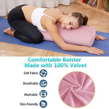 TokSay Yoga Bolster Pillow, Buckwheat Meditation Pillow with Velvet Washable Cover , Rectangular Meditation Cushion Used for Restorative Yoga (Pink)