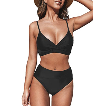 CUPSHE Women's High Waisted Twist Front Two Piece Swimsuit in M Black