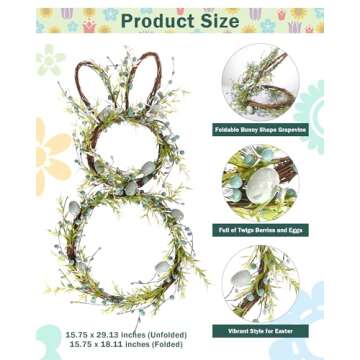 DN DECONATION Easter Bunny Spring Wreath with Egg, Twig and Berries Green Rabbit Easter Wreath for F...
