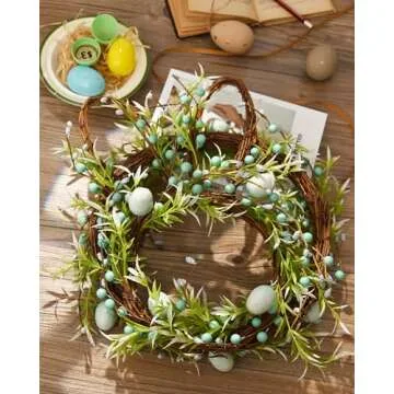 DN DECONATION Easter Bunny Spring Wreath with Egg, Twig and Berries Green Rabbit Easter Wreath for Front Door Decorations Home Farmhouse Outdoor Indoor Wall Mantel Window