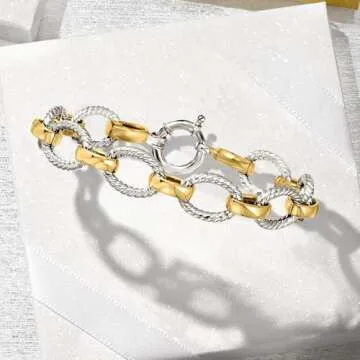 Ross-Simons Sterling Silver and 18kt Gold Over Sterling Silver Twisted-Oval Link Bracelet. 8 inches