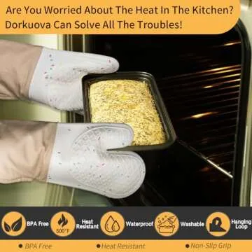 Dorkuova Oven Glove Cute,Cooking Mittens,Oven Mittens for Kitchen,Oven Gloves for Kitchen,Non-Slip Grip,Washable Silicone Oven Mitts Heat Resistant 500°F, Cooking Baking(Cream