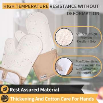 Dorkuova Oven Glove Cute,Cooking Mittens,Oven Mittens for Kitchen,Oven Gloves for Kitchen,Non-Slip Grip,Washable Silicone Oven Mitts Heat Resistant 500°F, Cooking Baking(Cream