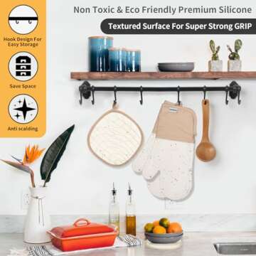 Dorkuova Oven Glove Cute,Cooking Mittens,Oven Mittens for Kitchen,Oven Gloves for Kitchen,Non-Slip Grip,Washable Silicone Oven Mitts Heat Resistant 500°F, Cooking Baking(Cream