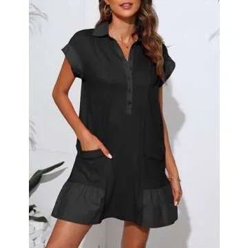 EsheSy Women's Button Down Shirt Dress Short Sleeve Patchwork Mini Dress with Pockets(Black-S)