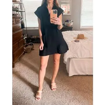 EsheSy Women's Button Down Shirt Dress Short Sleeve Patchwork Mini Dress with Pockets(Black-S)