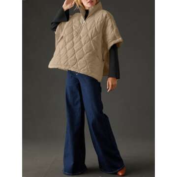Fazortev Women's Puffer Poncho Pullover Quilted Jacket Short Sleeve Half Zipper Coat Cape Outerwear