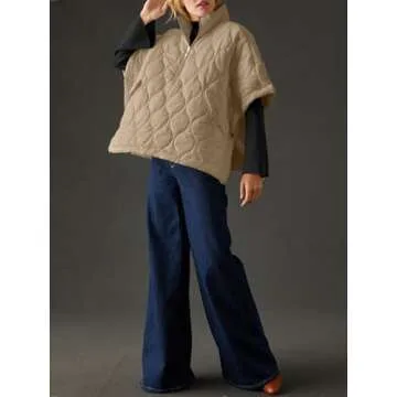 Fazortev Women's Puffer Poncho Pullover Quilted Jacket Short Sleeve Half Zipper Coat Cape Outerwear