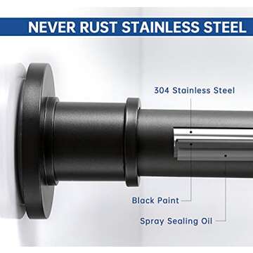 BRIOFOX Industrial Shower Curtain Rod - Never Rust Non-Slip 43-72 Inch Stainless Steel, Matte Black