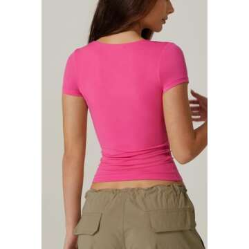 QINSEN Women's Sexy Twist Front V Neck T Shirts Double Lined Short Sleeve Crop Top Trendy Y2K Going Out Tops Magenta S