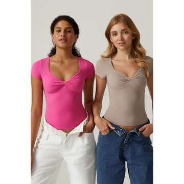 QINSEN Women's Sexy Twist Front V Neck T Shirts Double Lined Short Sleeve Crop Top Trendy Y2K Going Out Tops Magenta S