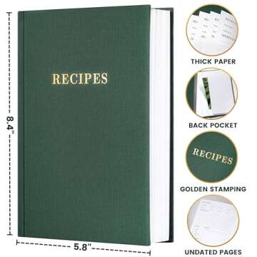 URSUNSHINE Recipe Book - Recipe Book to Write in Your Own Recipes, Perfect Blank Recipe Book with 69 Recipes, 6.4" x 8.5", Hardcover Personal Cook Book with Back Pocket - Green