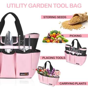 Garden Tool Bag with 10 Pockets,Heavy Duty Garden Plant Tool Set Store Content Bag,Garden Tool Organizer,Great Gardening Gifts,Pink