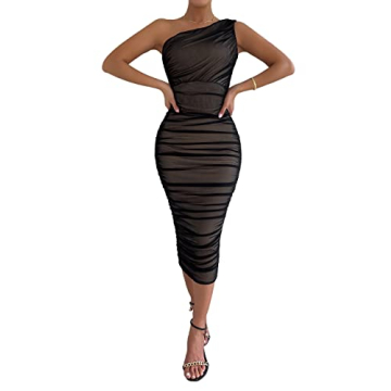 Pofash Women's One Shoulder Sleeveless Mesh Ruched Cocktail Party Midi Bodycon Dress Black Large