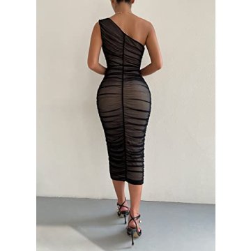 Pofash Women's One Shoulder Sleeveless Mesh Ruched Cocktail Party Midi Bodycon Dress Black Large