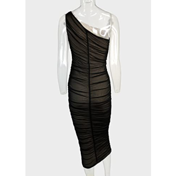 Pofash Women's One Shoulder Sleeveless Mesh Ruched Cocktail Party Midi Bodycon Dress Black Large