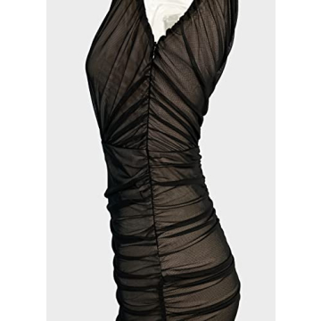 Pofash Women's One Shoulder Sleeveless Mesh Ruched Cocktail Party Midi Bodycon Dress Black Large