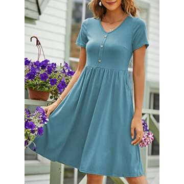 YATHON Summer Dresses for Women Short Sleeve V Neck Button Down A-Line Casual Dresses with Pockets (M, 1-yt097-sky Blue)