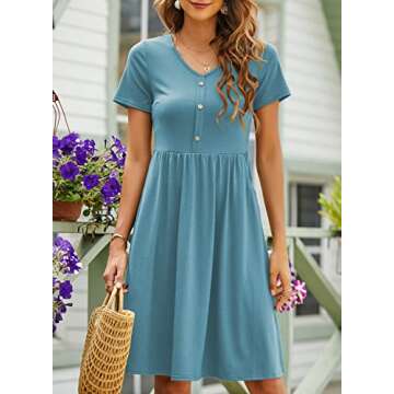 YATHON Summer Dresses for Women Short Sleeve V Neck Button Down A-Line Casual Dresses with Pockets (M, 1-yt097-sky Blue)