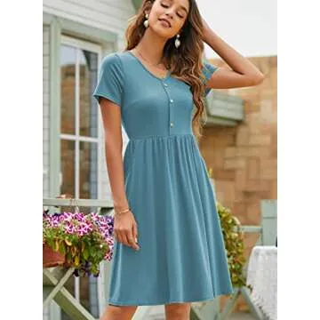 YATHON Summer Dresses for Women Short Sleeve V Neck Button Down A-Line Casual Dresses with Pockets (M, 1-yt097-sky Blue)