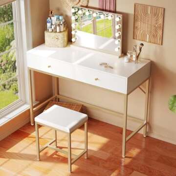 SUPERJARE 35.4" White and Gold Desk with 2 Drawers, Modern Makeup Vanity Desk with Padded Stool, Sma...