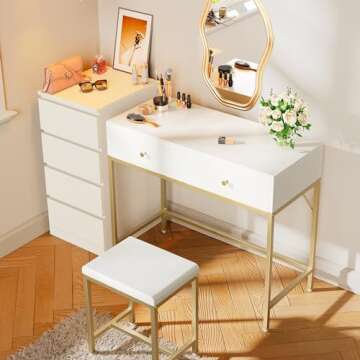 SUPERJARE 35.4" White and Gold Desk with 2 Drawers, Modern Makeup Vanity Desk with Padded Stool, Small Computer Desk Home Office Desk for Writing Study Bedroom