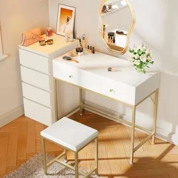 SUPERJARE 35.4" White and Gold Desk with 2 Drawers, Modern Makeup Vanity Desk with Padded Stool, Small Computer Desk Home Office Desk for Writing Study Bedroom