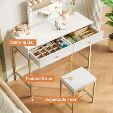 SUPERJARE 35.4" White and Gold Desk with 2 Drawers, Modern Makeup Vanity Desk with Padded Stool, Small Computer Desk Home Office Desk for Writing Study Bedroom