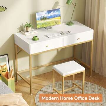 SUPERJARE 35.4" White and Gold Desk with 2 Drawers, Modern Makeup Vanity Desk with Padded Stool, Small Computer Desk Home Office Desk for Writing Study Bedroom