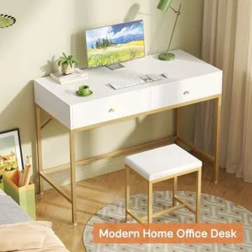 SUPERJARE 35.4" White and Gold Desk with 2 Drawers, Modern Makeup Vanity Desk with Padded Stool, Small Computer Desk Home Office Desk for Writing Study Bedroom