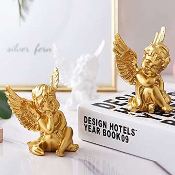 OwMell Set of 2 Cherubs Angels Resin Statue Figurine, Indoor Home Decoration, Adorable Angel Sculptu...