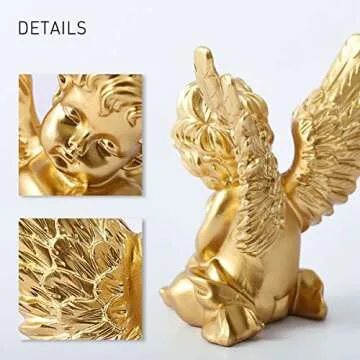 OwMell Set of 2 Cherubs Angels Resin Statue Figurine, Indoor Home Decoration, Adorable Angel Sculpture Memorial Statue 4" - Gold