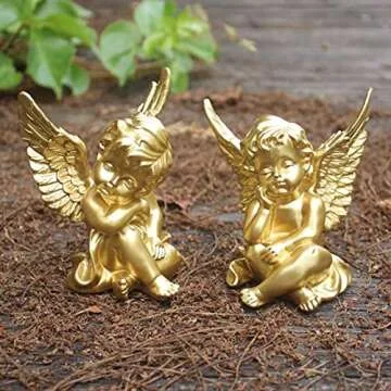 OwMell Set of 2 Cherubs Angels Resin Statue Figurine, Indoor Home Decoration, Adorable Angel Sculpture Memorial Statue 4" - Gold