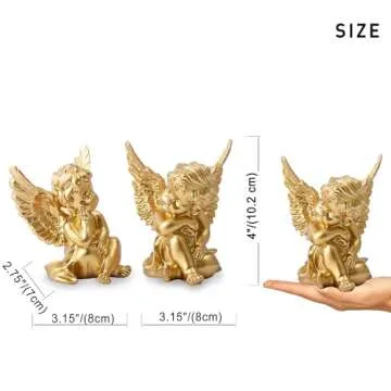 OwMell Set of 2 Cherubs Angels Resin Statue Figurine, Indoor Home Decoration, Adorable Angel Sculpture Memorial Statue 4" - Gold