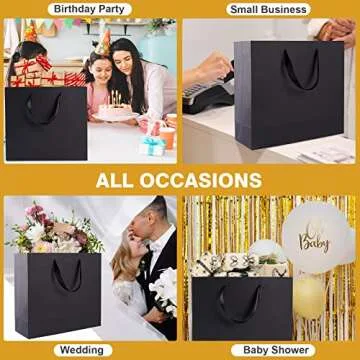 Elegant 12 Pack Black Gift Bags with Tissue Paper and Ribbon Handles