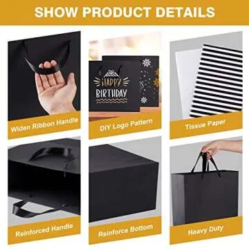 Elegant 12 Pack Black Gift Bags with Tissue Paper and Ribbon Handles