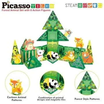 PicassoTiles Magnet Tile Building Blocks Forest Animal Theme Toy Set with 8 Character Action Figures Educational STEM Learning Construction Kit Pretend Play Magnetic Tiles Preschool Kids Ages 3+ PTQ16