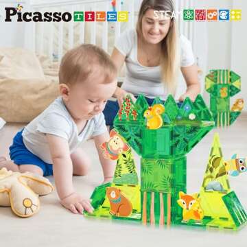 PicassoTiles Magnet Tile Building Blocks Forest Animal Theme Toy Set with 8 Character Action Figures Educational STEM Learning Construction Kit Pretend Play Magnetic Tiles Preschool Kids Ages 3+ PTQ16