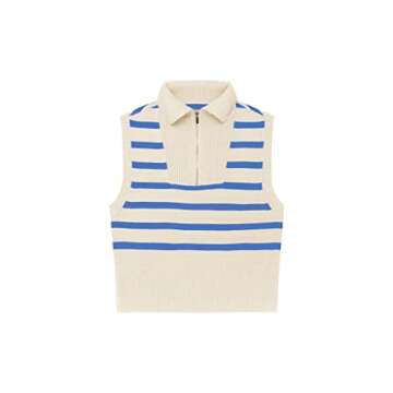 Ebifin Womens Striped Zipper Sweater Vest Tank Tops Lapel Summer Sleeveless Pullover Casual Lightweight Knit Top Blue