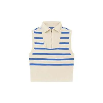 Ebifin Womens Striped Zipper Sweater Vest Tank Tops Lapel Summer Sleeveless Pullover Casual Lightweight Knit Top Blue