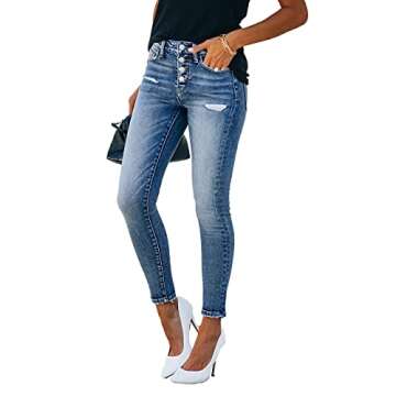 Allimy Women's High Waist Skinny Stretch Ripped Jeans Destroyed Denim Pants 10