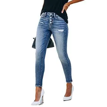 Allimy Women's High Waist Skinny Stretch Ripped Jeans Destroyed Denim Pants 10