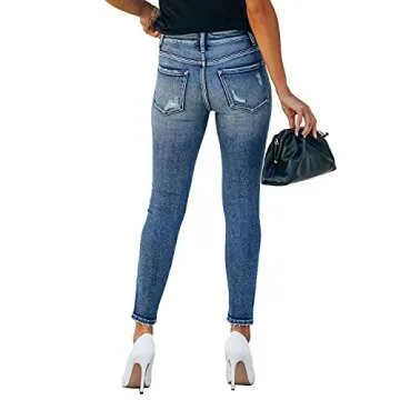 Allimy Women's High Waist Skinny Stretch Ripped Jeans Destroyed Denim Pants 10