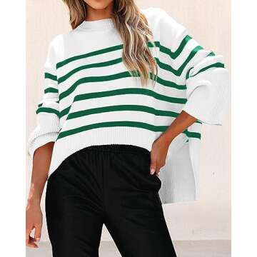 KIRUNDO Women's Striped Knit Oversized Fall Sweaters 2025 Trendy Clothes Crewneck Winter Pullover Sweater Side Split(Green, Medium)