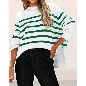 KIRUNDO Women's Striped Knit Oversized Fall Sweaters 2025 Trendy Clothes Crewneck Winter Pullover Sweater Side Split(Green, Medium)